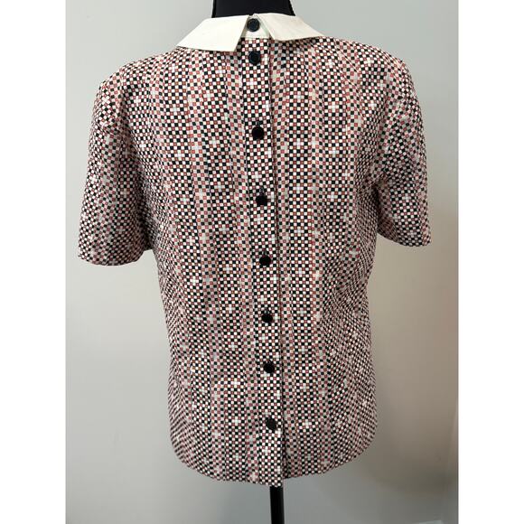 Tory Burch blouse in red, black,  white checkered pattern with  Peter Pan collar - Picture 2 of 3